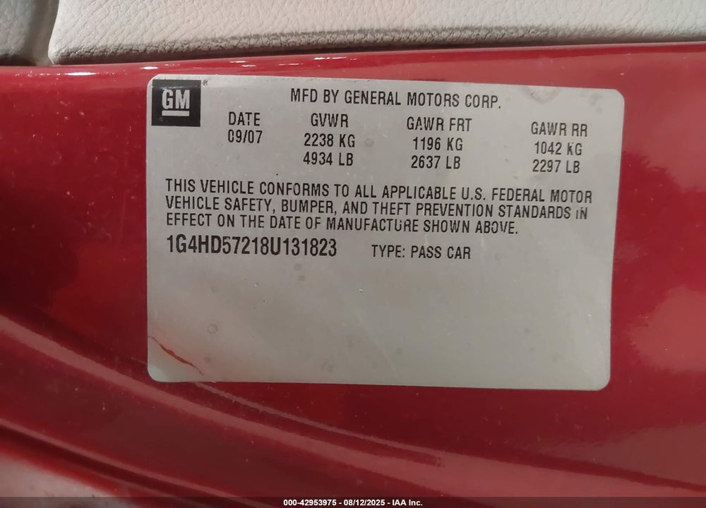2008 BUICK LUCERNE CXL VIN: 1G4HD57218U131823