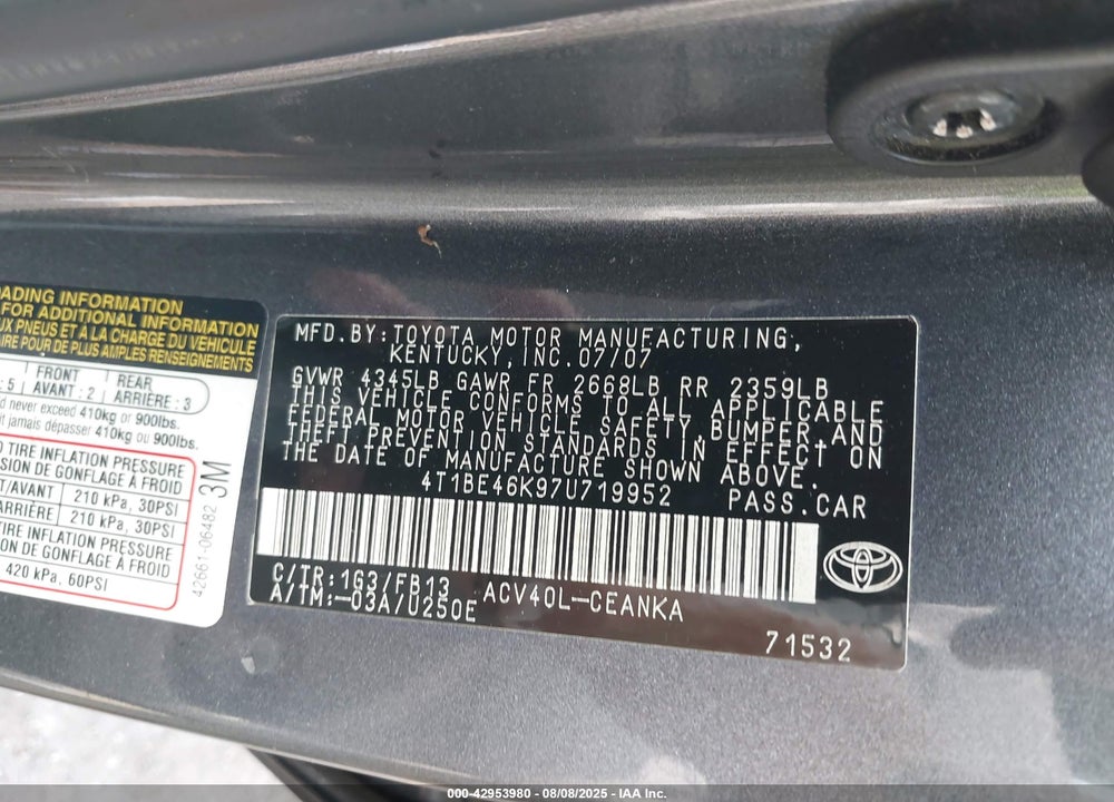 2007 TOYOTA CAMRY LE VIN: 4T1BE46K97U719952