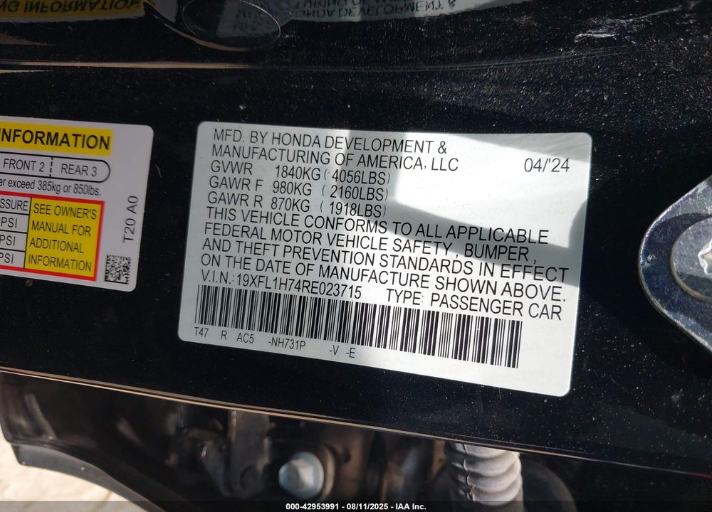 2024 HONDA CIVIC EX-L VIN: 19XFL1H74RE023715