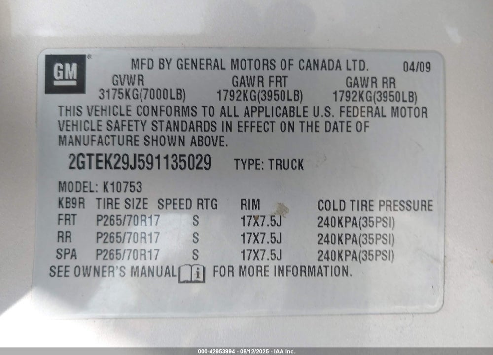 2009 GMC SIERRA 1500 VIN: 2GTEK29J591135029
