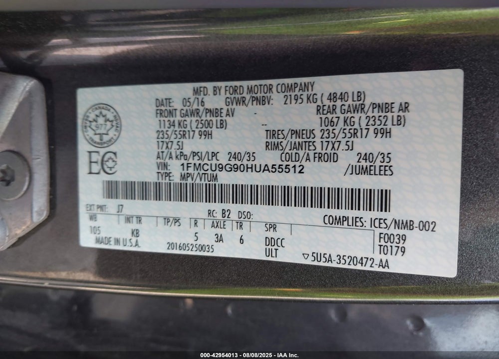 2017 FORD ESCAPE SE VIN: 1FMCU9G90HUA55512