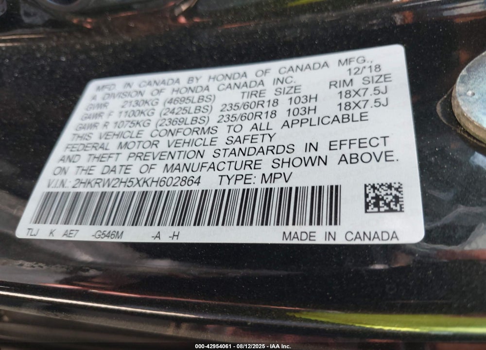 2019 HONDA CR-V VIN: 2HKRW2H5XKH602864