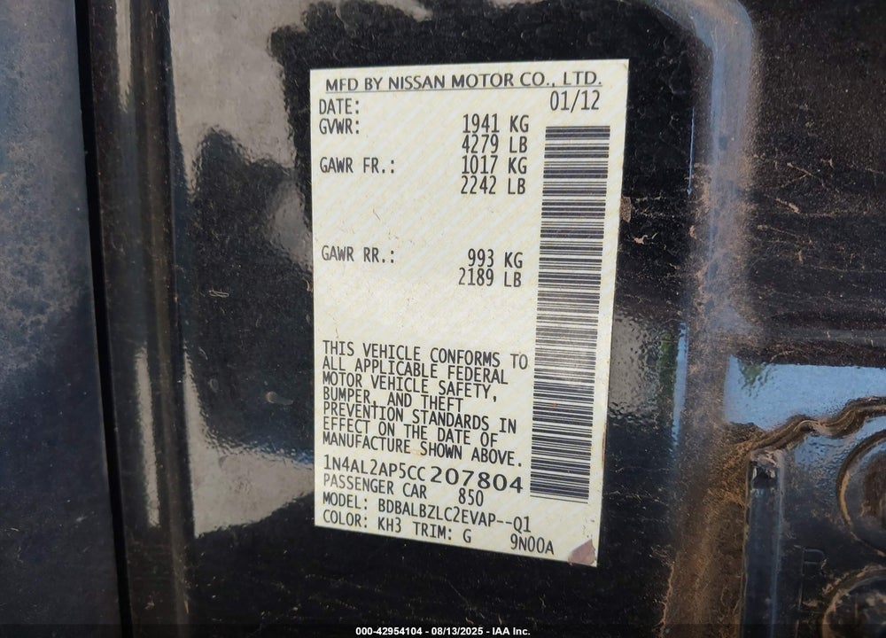 2012 NISSAN ALTIMA VIN: 1N4AL2AP5CC207804