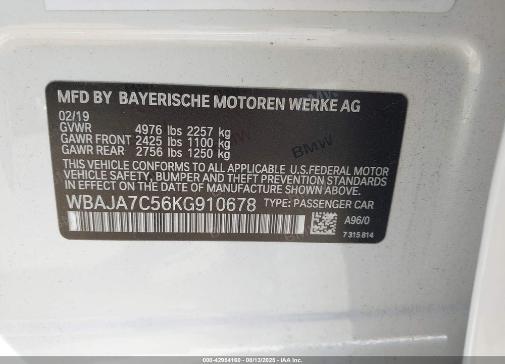 2019 BMW 5 SERIES VIN: WBAJA7C56KG910678