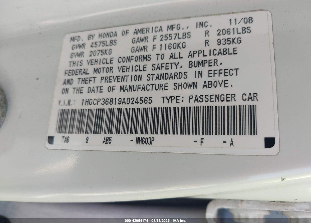 2009 HONDA ACCORD VIN: 1HGCP36819A024565