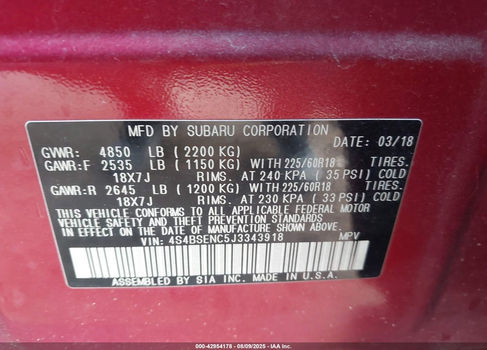 2018 SUBARU OUTBACK VIN: 4S4BSENC5J3343918