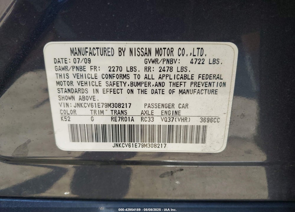 2009 INFINITI G37 JOURNEY VIN: JNKCV61E79M308217