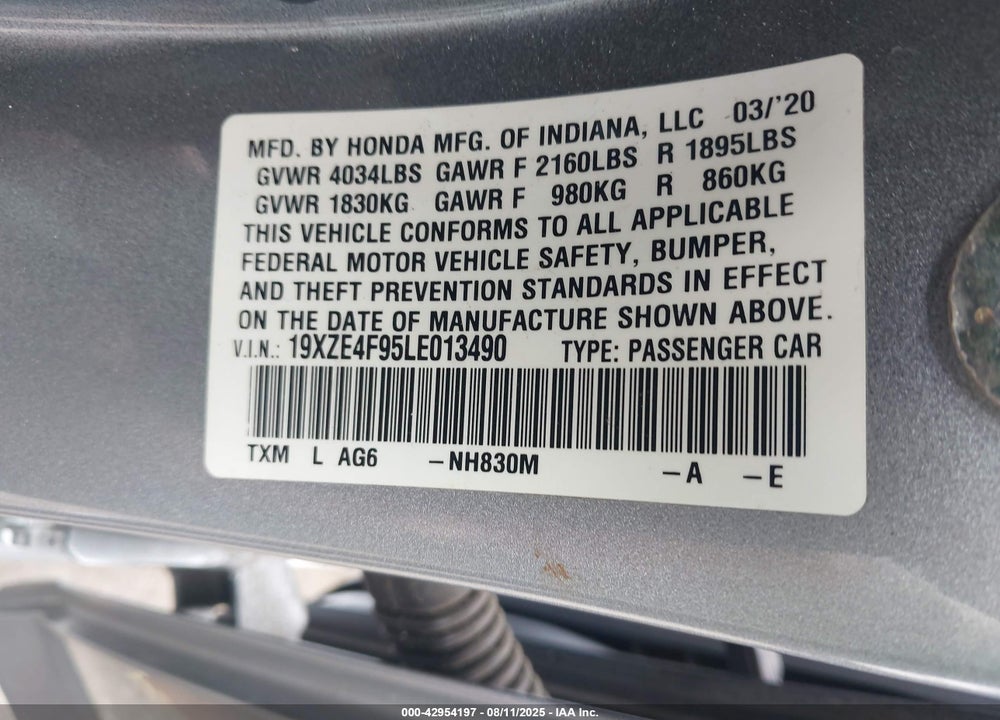 2020 HONDA INSIGHT VIN: 19XZE4F95LE013490
