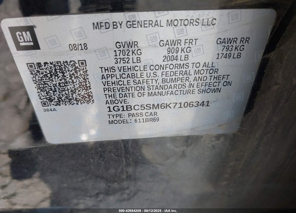 2019 CHEVROLET CRUZE VIN: 1G1BC5SM6K7106341