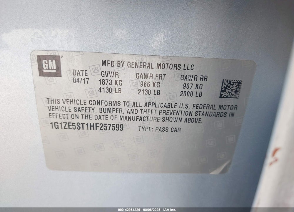 2017 CHEVROLET MALIBU VIN: 1G1ZE5ST1HF257599