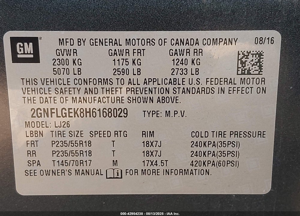 2017 CHEVROLET EQUINOX VIN: 2GNFLGEK8H6168029