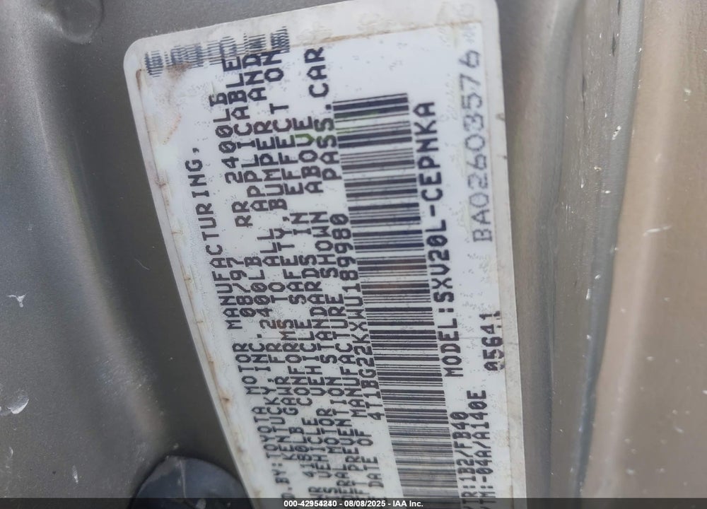 1998 TOYOTA CAMRY LE VIN: 4T1BG22KXWU189980