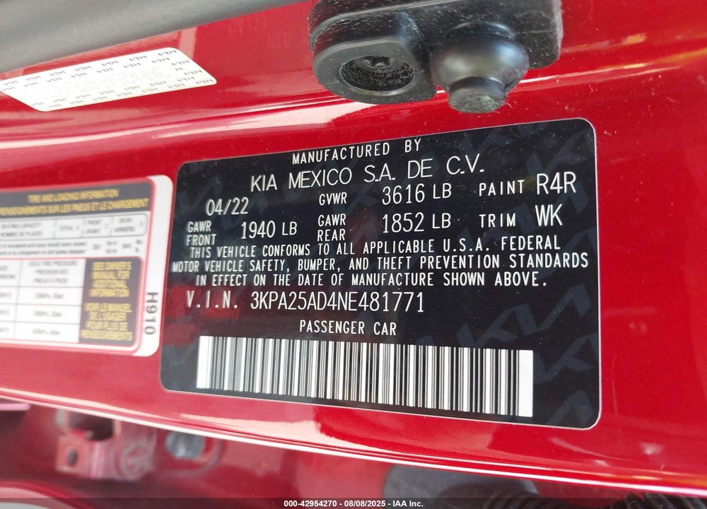 2022 KIA RIO VIN: 3KPA25AD4NE481771