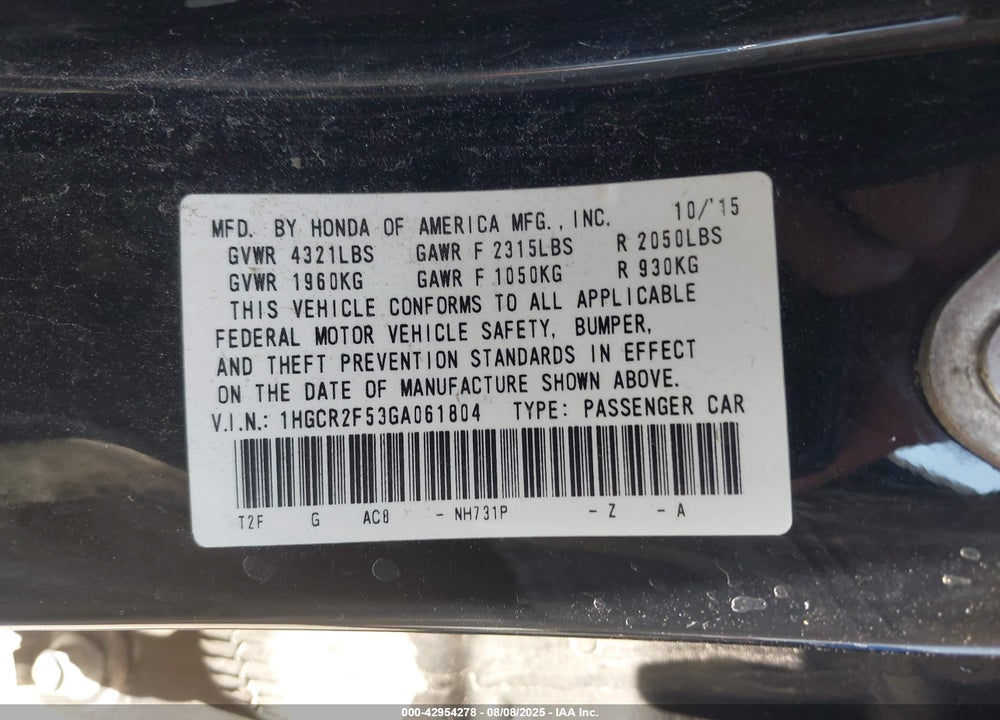 2016 HONDA ACCORD VIN: 1HGCR2F53GA061804