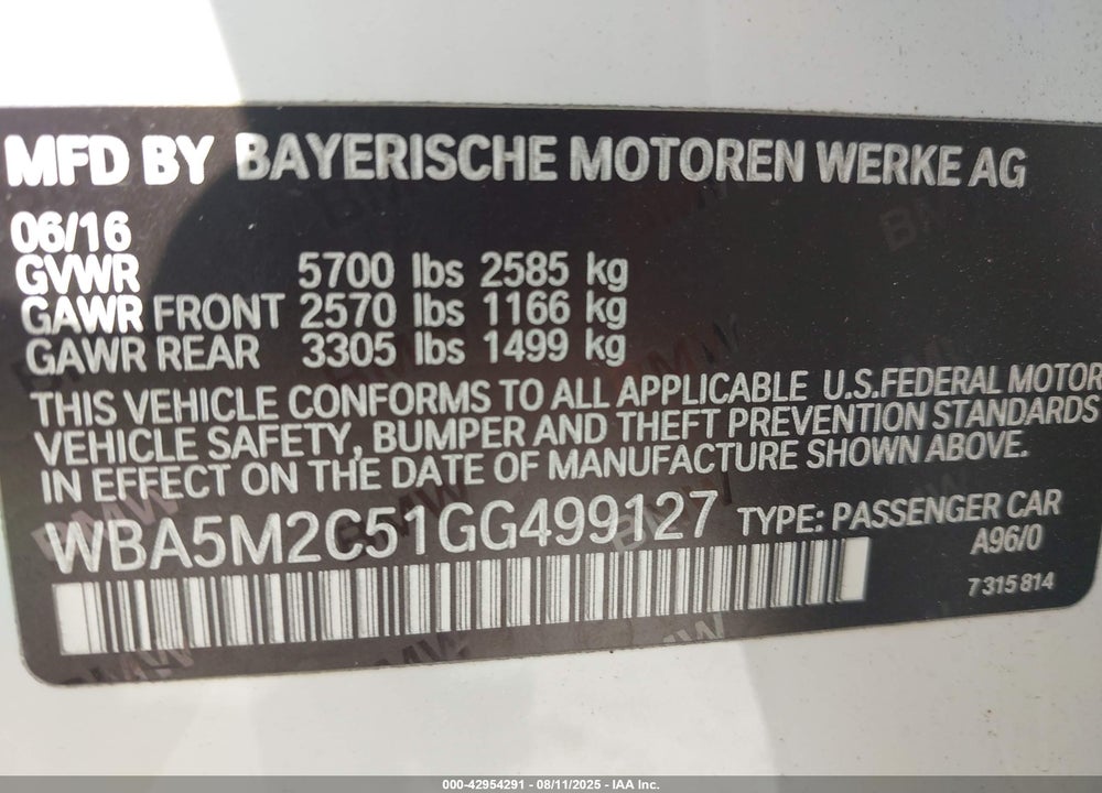 2016 BMW 5 SERIES VIN: WBA5M2C51GG499127