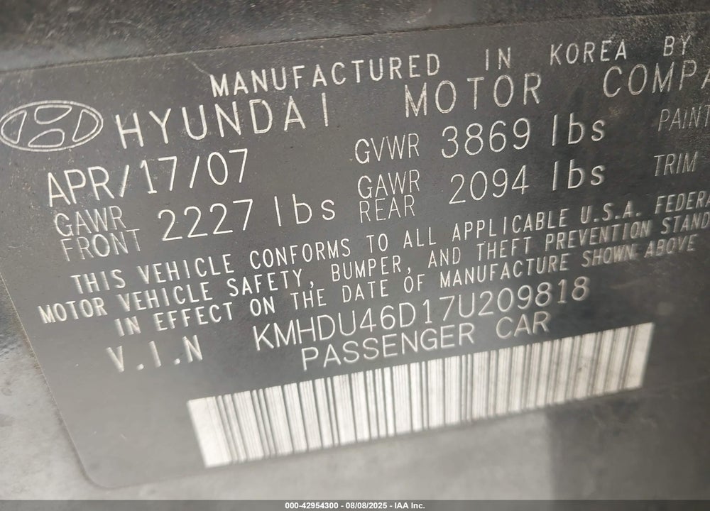 2007 HYUNDAI ELANTRA GLS/LIMITED/SE VIN: KMHDU46D17U209818