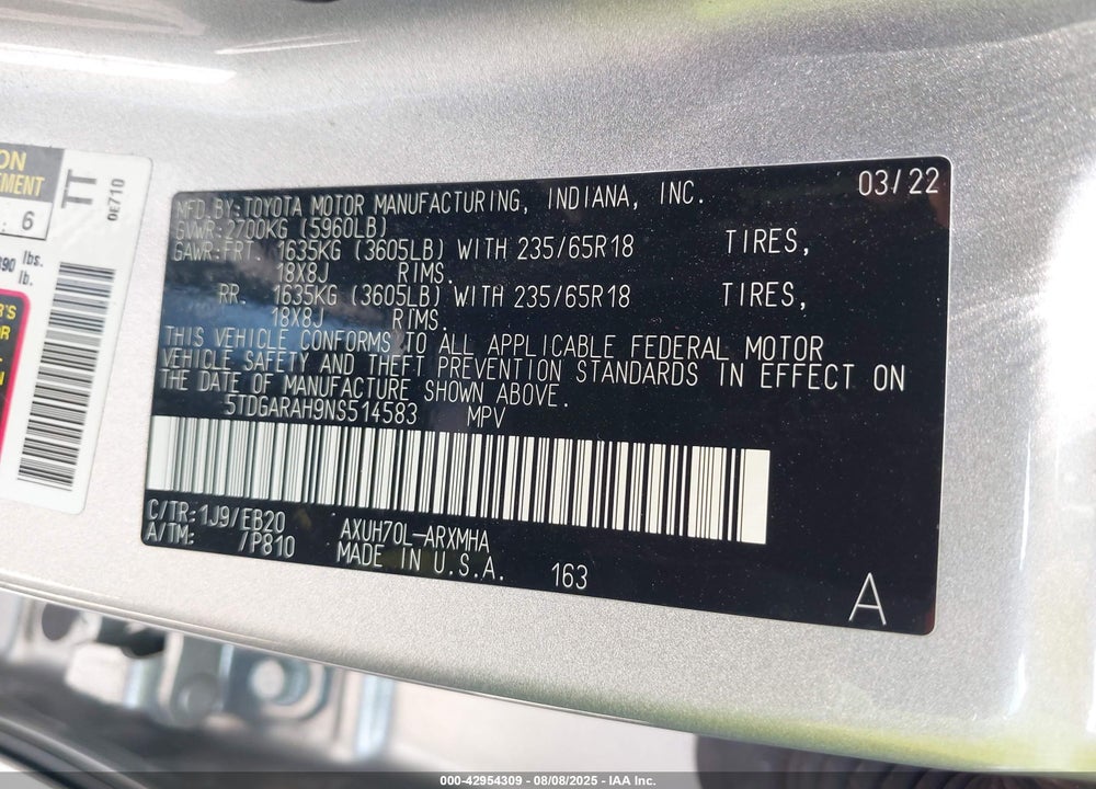 2022 TOYOTA HIGHLANDER VIN: 5TDGARAH9NS514583