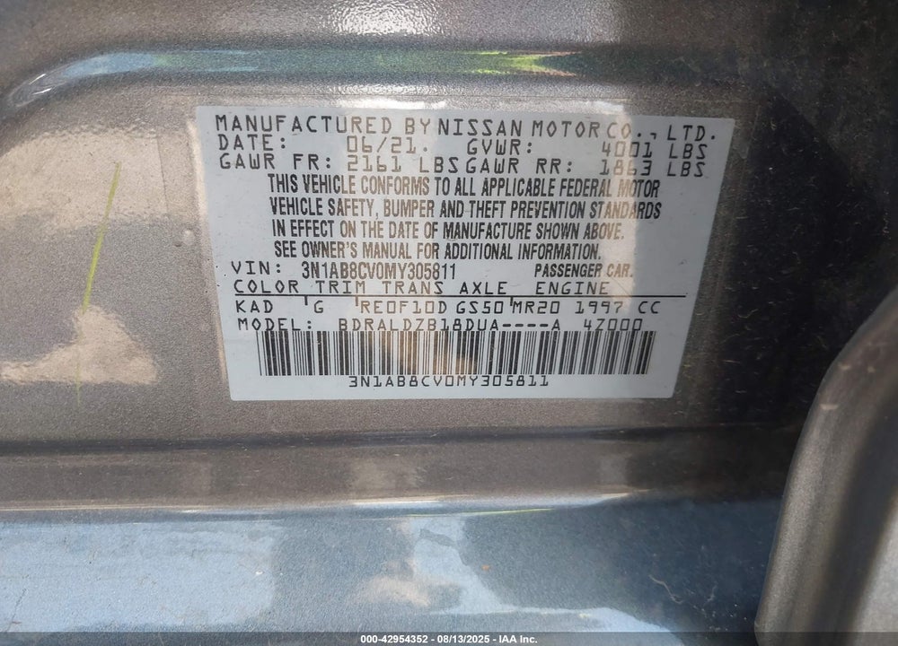 2021 NISSAN SENTRA VIN: 3N1AB8CV0MY305811
