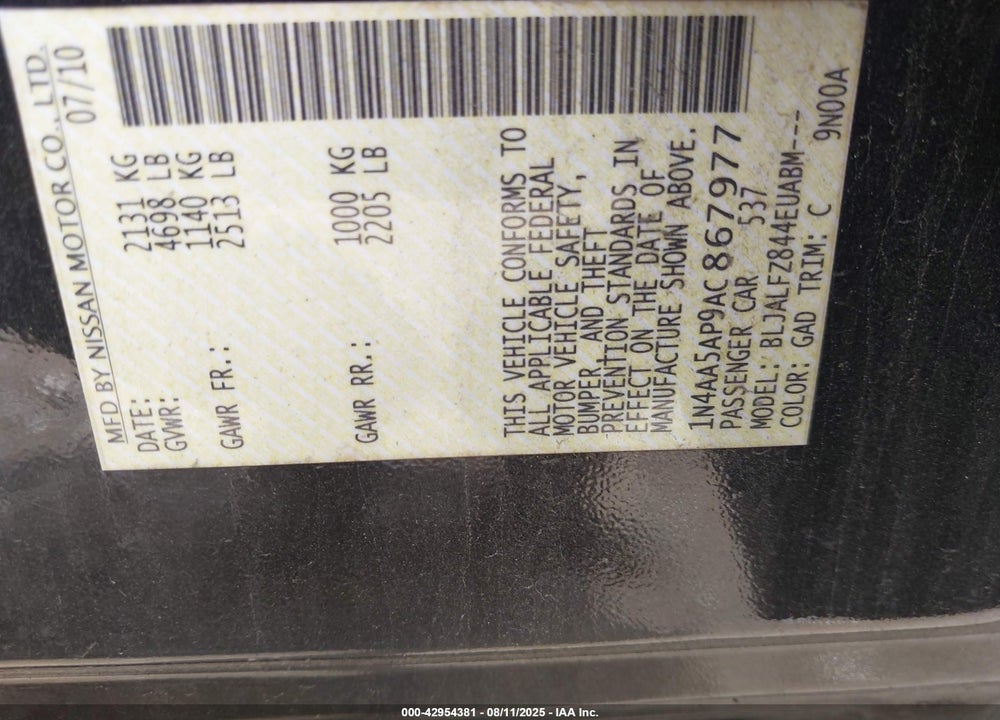 2010 NISSAN MAXIMA VIN: 1N4AA5AP9AC867977