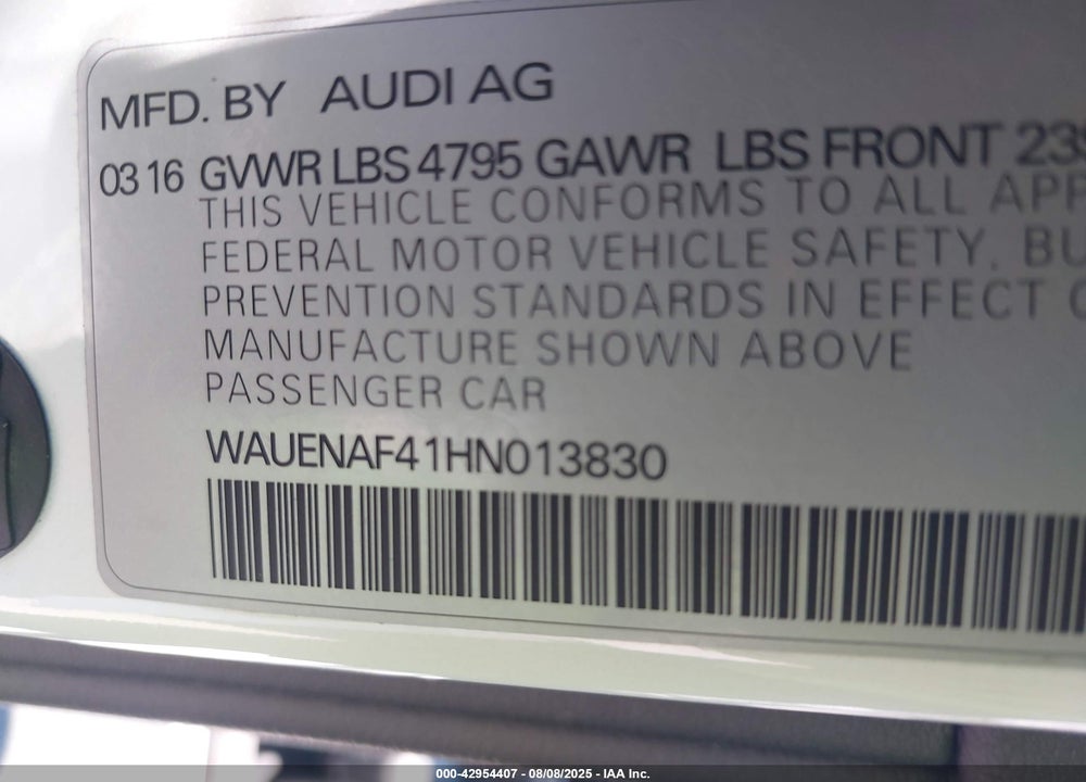 2017 AUDI A4 2.0T PREMIUM VIN: WAUENAF41HN013830