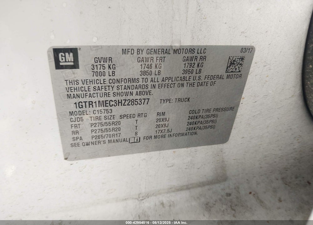 2017 GMC SIERRA 1500 VIN: 1GTR1MEC3HZ285377