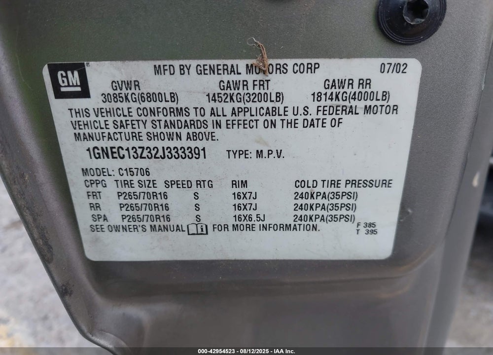 2002 CHEVROLET TAHOE LT VIN: 1GNEC13Z32J333391
