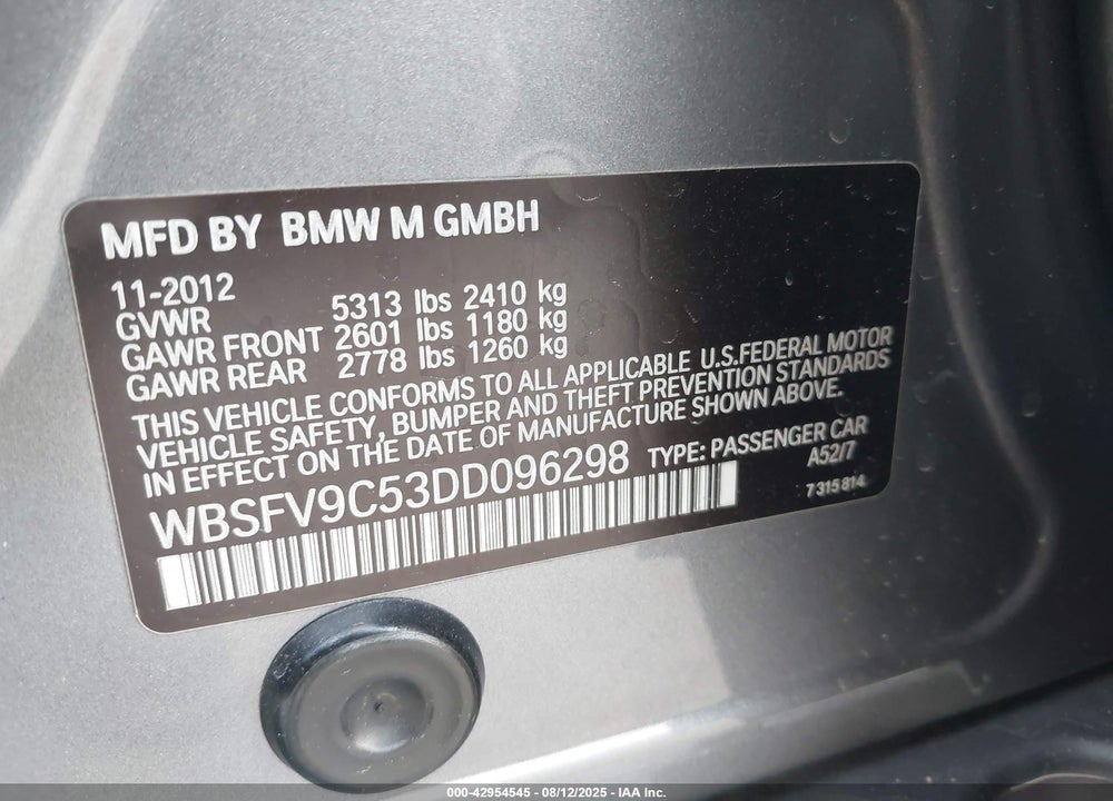 2013 BMW M5 VIN: WBSFV9C53DD096298