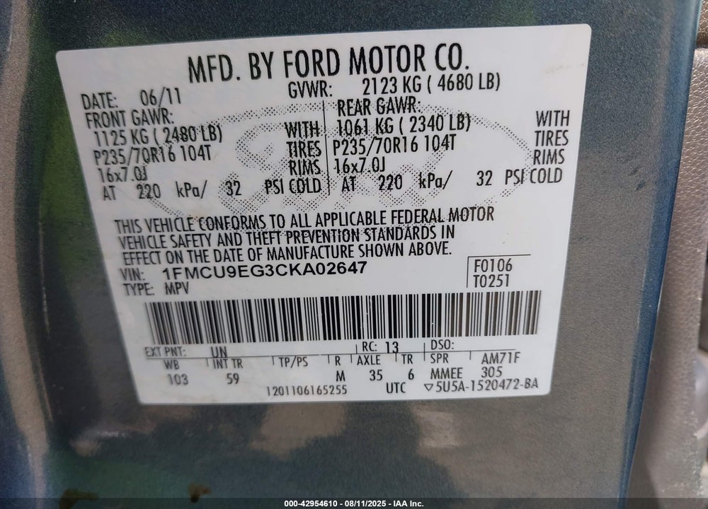 2012 FORD ESCAPE VIN: 1FMCU9EG3CKA02647