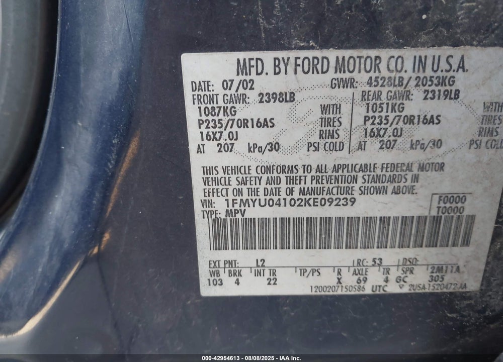 2002 FORD ESCAPE XLT VIN: 1FMYU04102KE09239