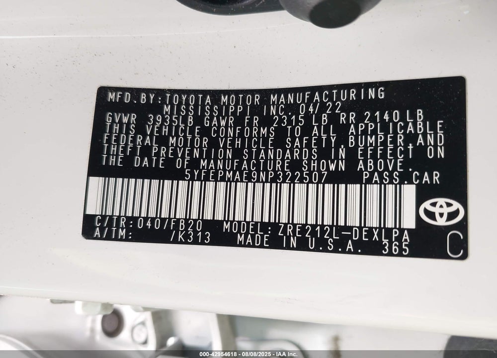2022 TOYOTA COROLLA VIN: 5YFEPMAE9NP322507