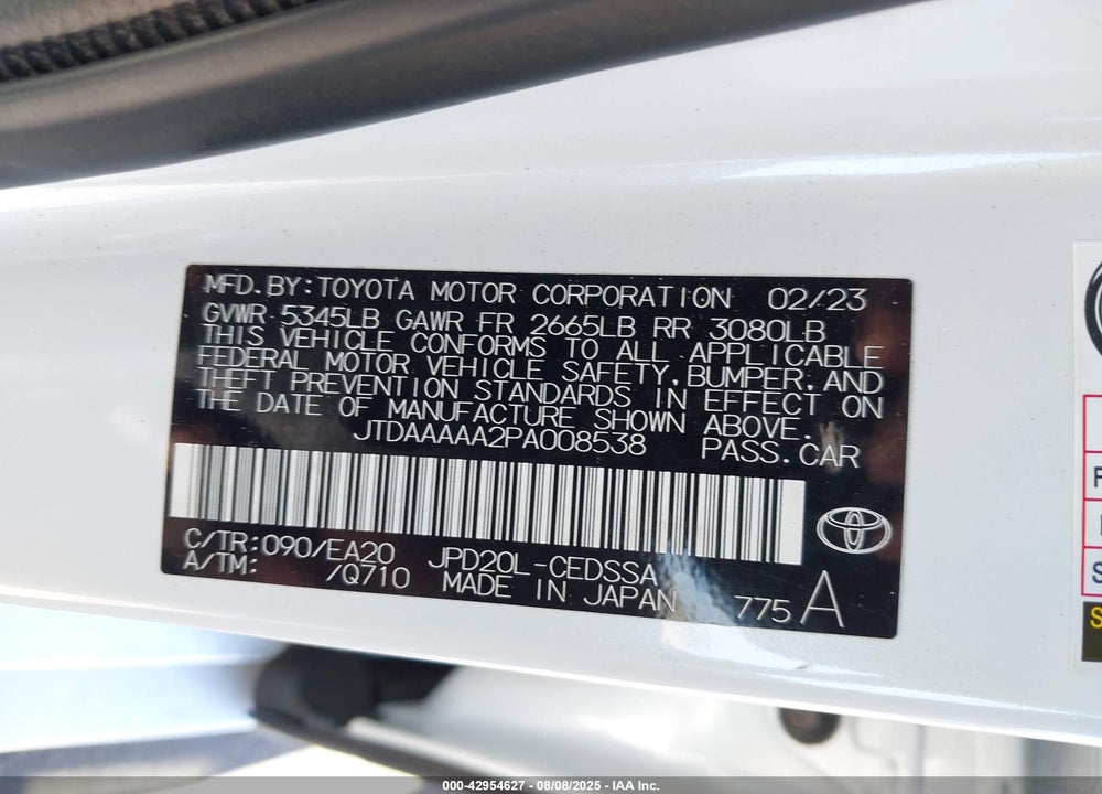 2023 TOYOTA MIRAI VIN: JTDAAAAA2PA008538