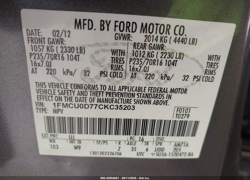 2012 FORD ESCAPE XLT VIN: 1FMCU0D77CKC35203