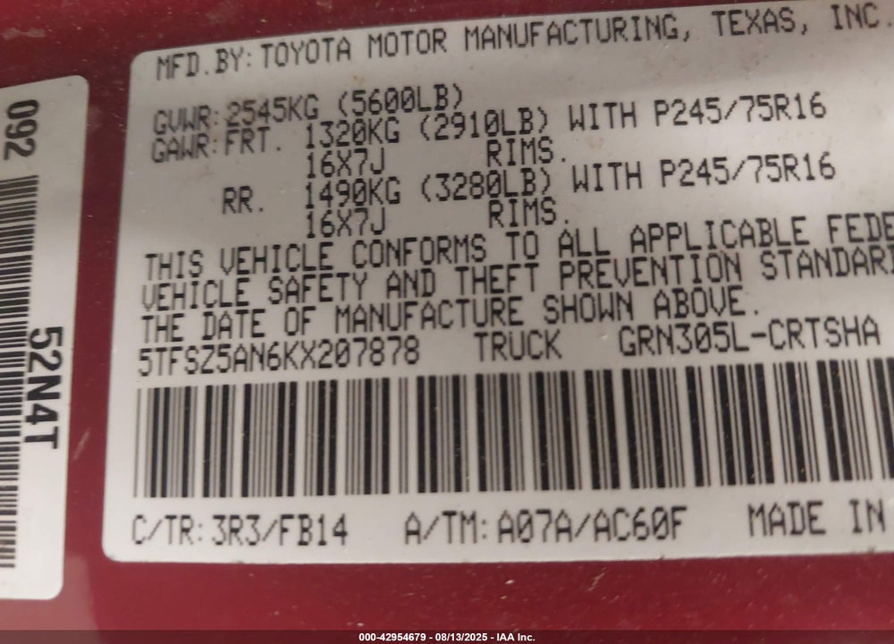 2019 TOYOTA TACOMA VIN: 5TFSZ5AN6KX207878