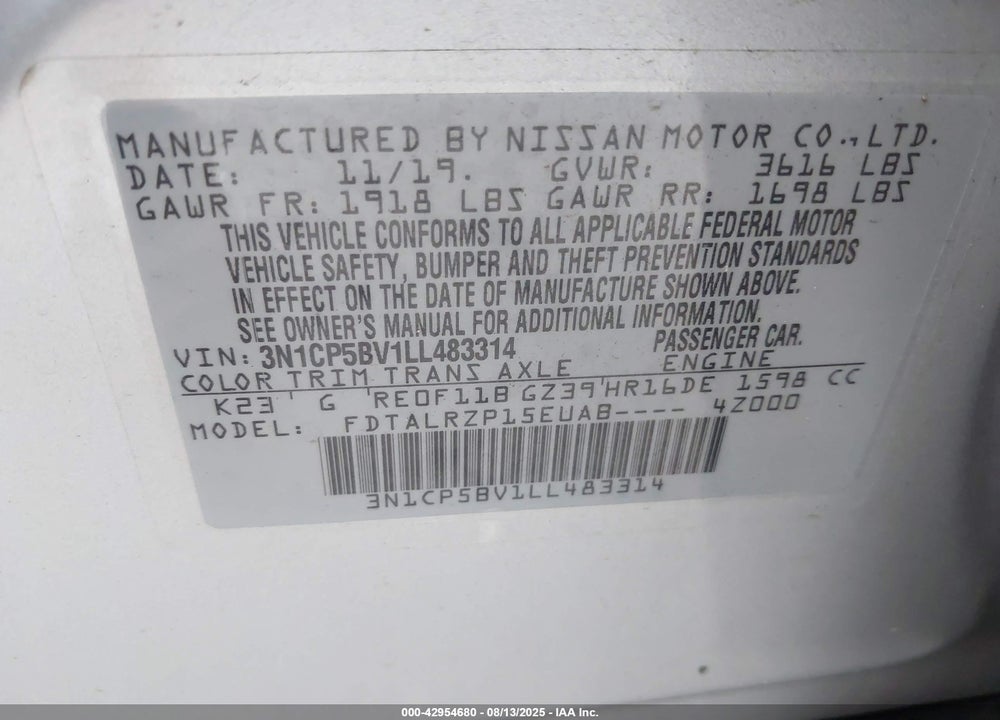 2020 NISSAN KICKS VIN: 3N1CP5BV1LL483314