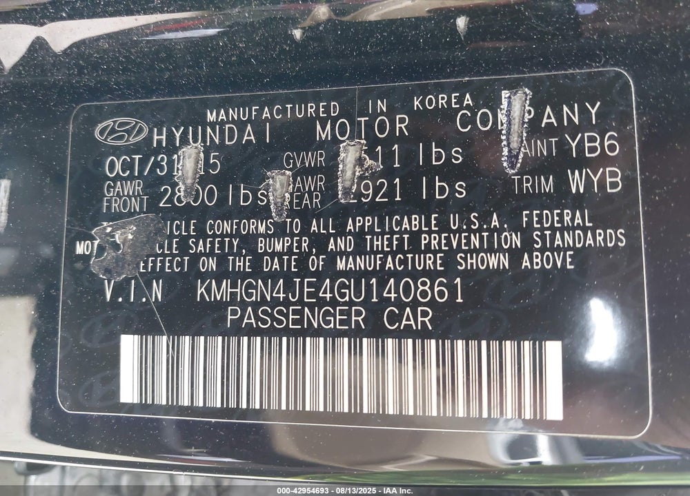 2016 HYUNDAI GENESIS VIN: KMHGN4JE4GU140861