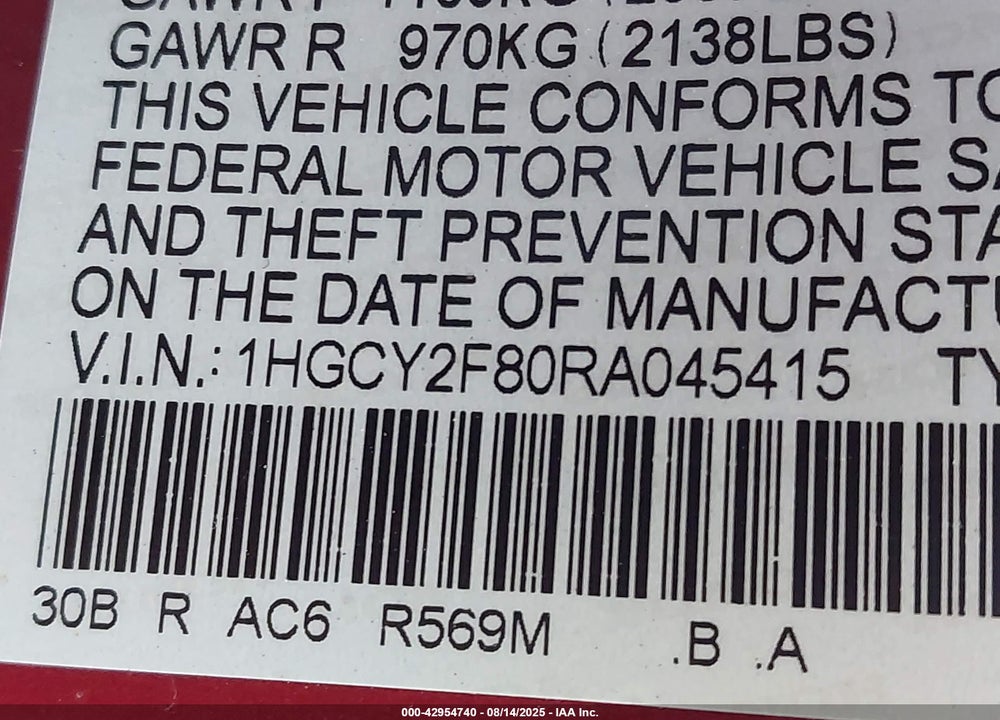 2024 HONDA ACCORD VIN: 1HGCY2F80RA045415