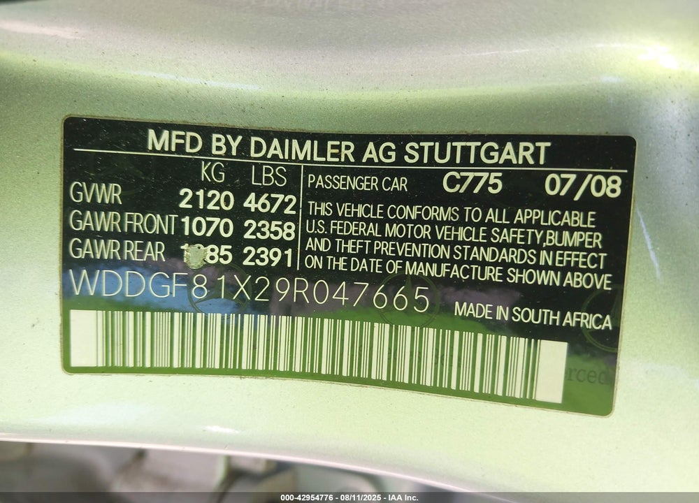 2009 MERCEDES-BENZ C CLASS VIN: WDDGF81X29R047665