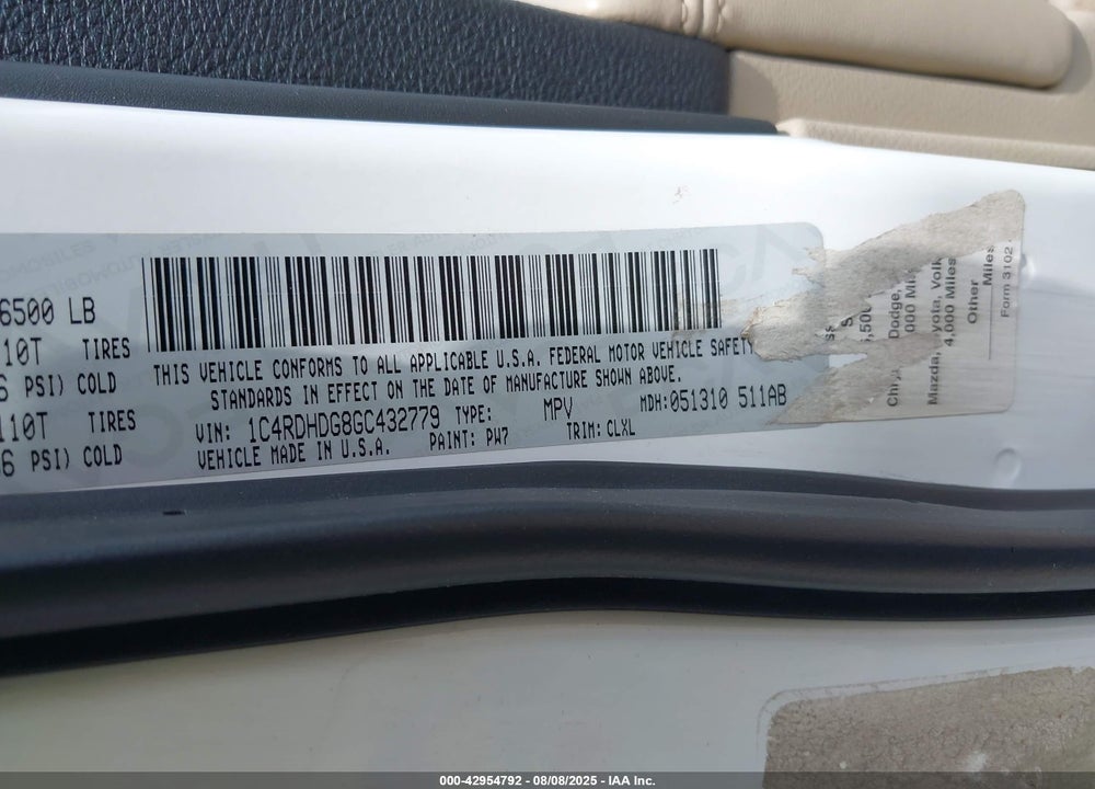 2016 DODGE DURANGO VIN: 1C4RDHDG8GC432779