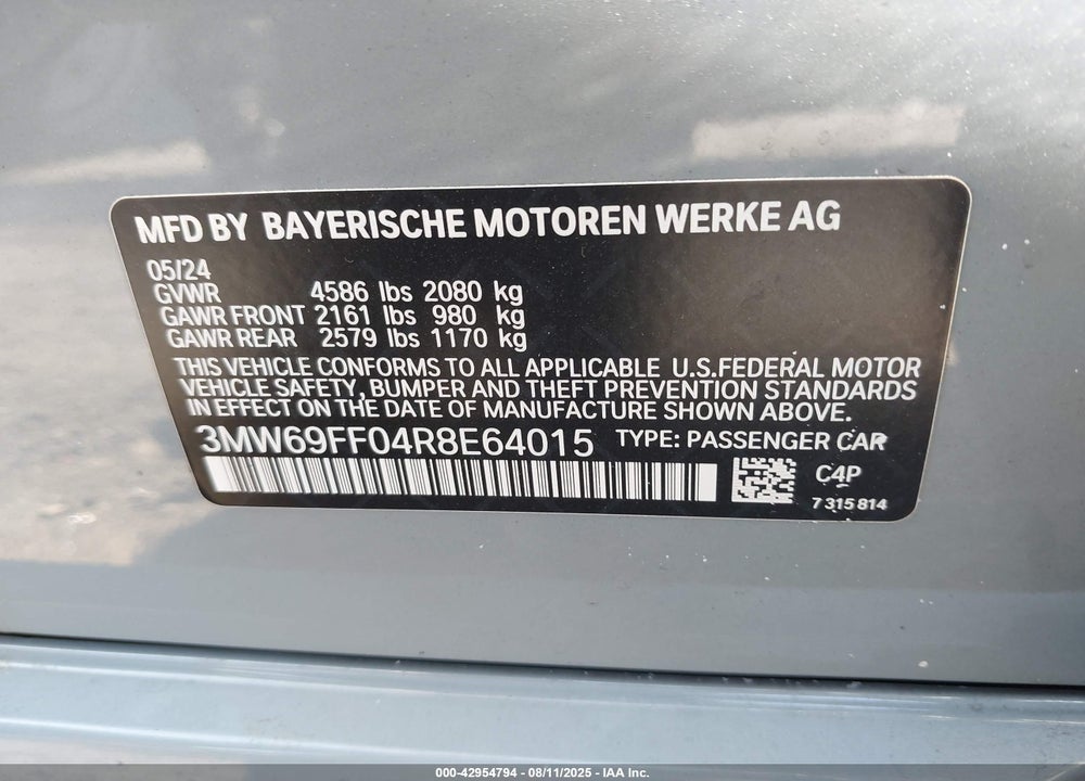 2024 BMW 3 SERIES VIN: 3MW69FF04R8E64015