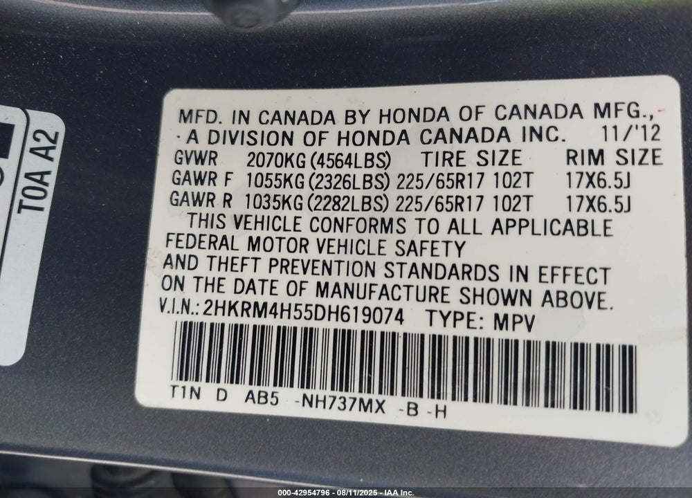 2013 HONDA CR-V VIN: 2HKRM4H55DH619074