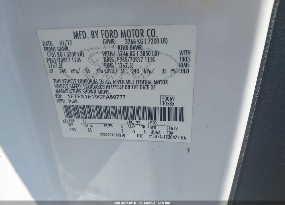 2012 FORD F-150 VIN: 1FTFX1ET9CFA60777