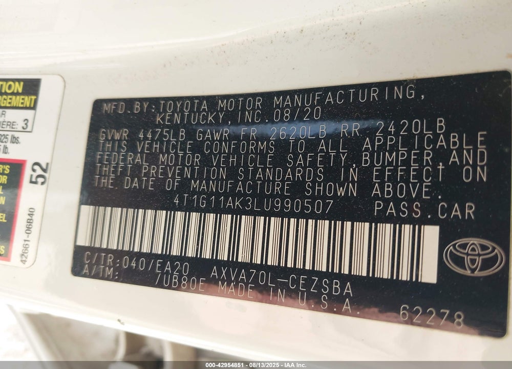 2020 TOYOTA CAMRY VIN: 4T1G11AK3LU990507