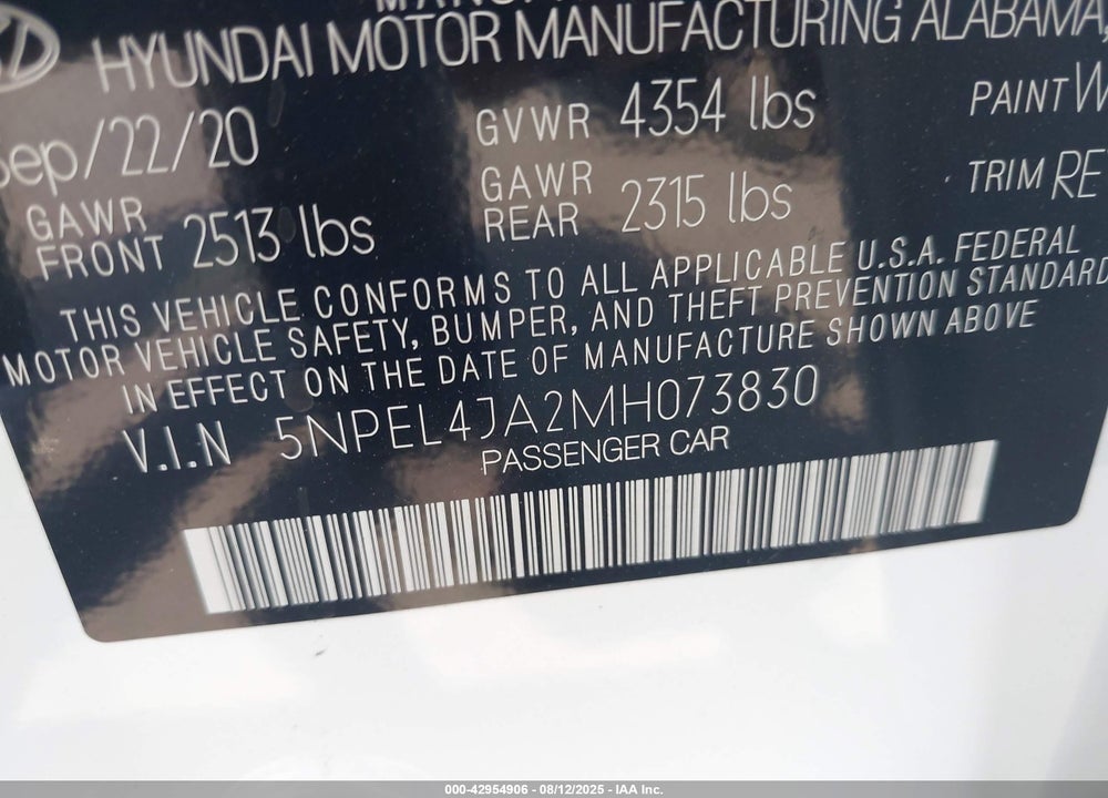 2021 HYUNDAI SONATA VIN: 5NPEL4JA2MH073830