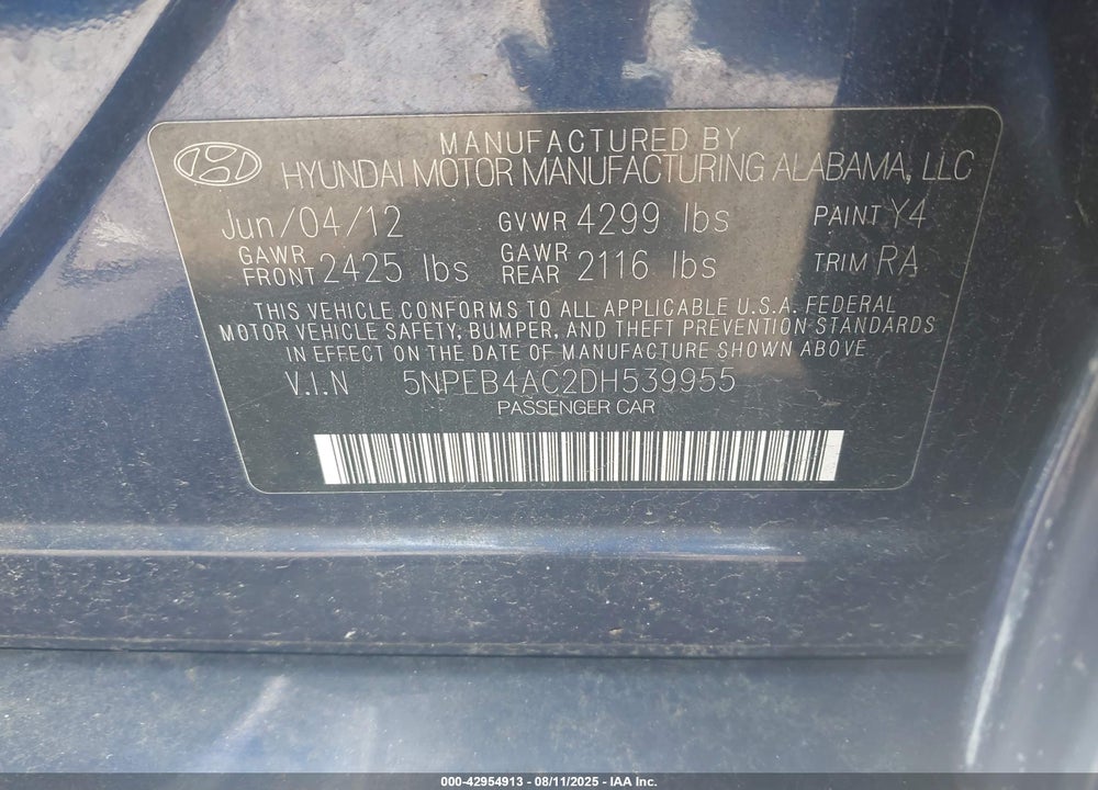 2013 HYUNDAI SONATA VIN: 5NPEB4AC2DH539955