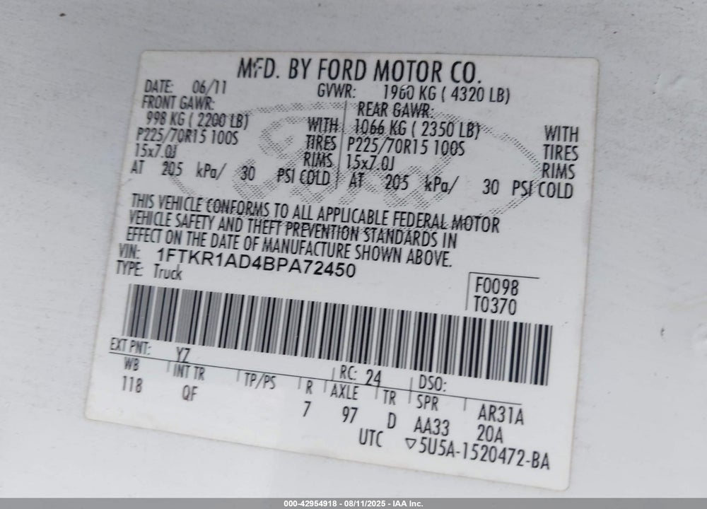 2011 FORD RANGER VIN: 1FTKR1AD4BPA72450
