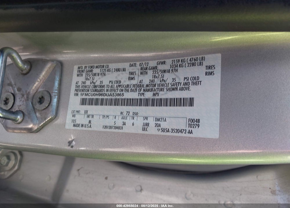2013 FORD ESCAPE VIN: 1FMCU0H96DUA53865