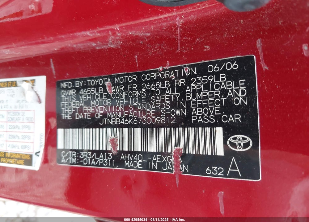 2007 TOYOTA CAMRY HYBRID VIN: JTNBB46K673009812