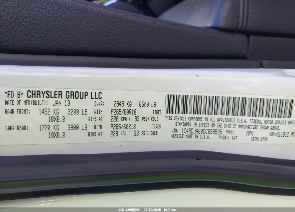 2013 DODGE DURANGO VIN: 1C4RDJAG0DC658595