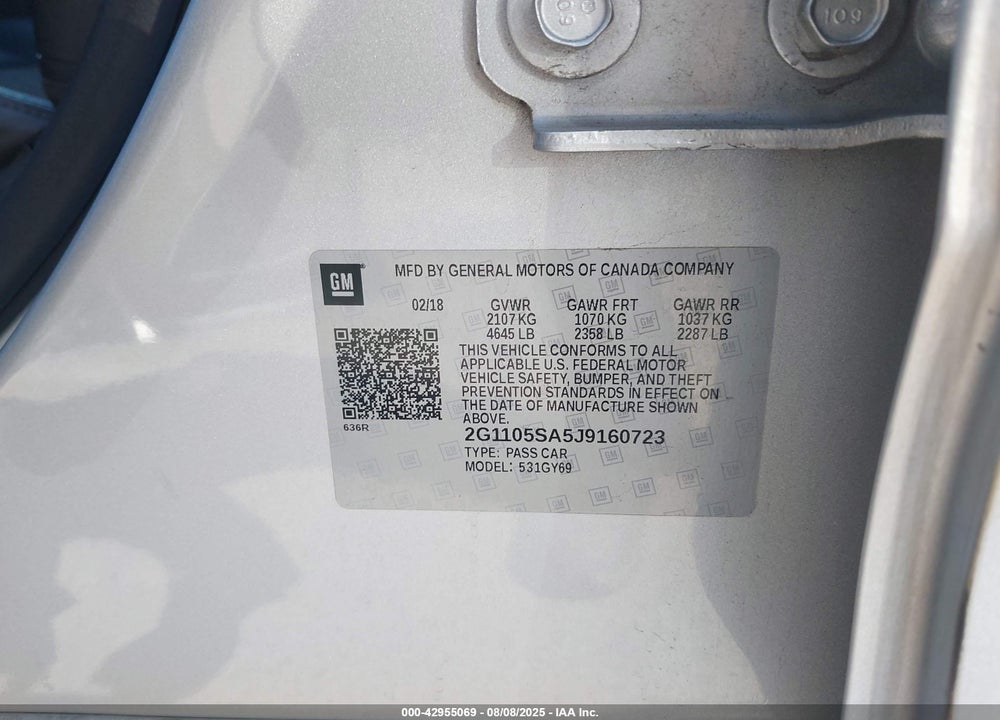 2018 CHEVROLET IMPALA VIN: 2G1105SA5J9160723