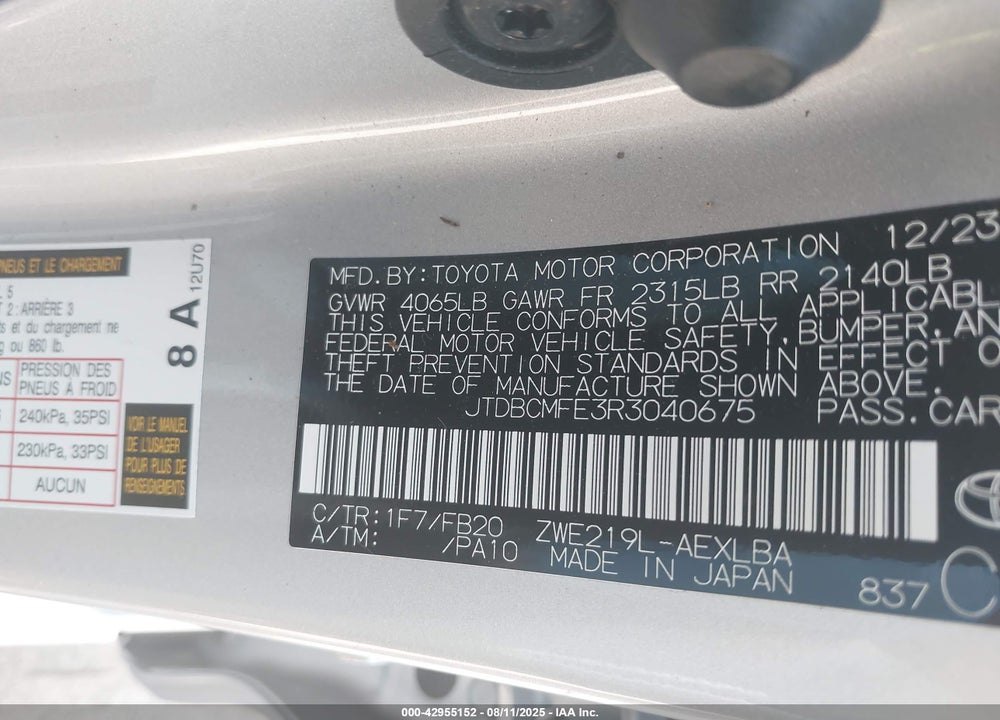 2024 TOYOTA COROLLA VIN: JTDBCMFE3R3040675